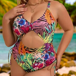 🆕️XL Vibrant Plus Size Tropical Print  Summer Vacay Trendy One Piece Swimsuit